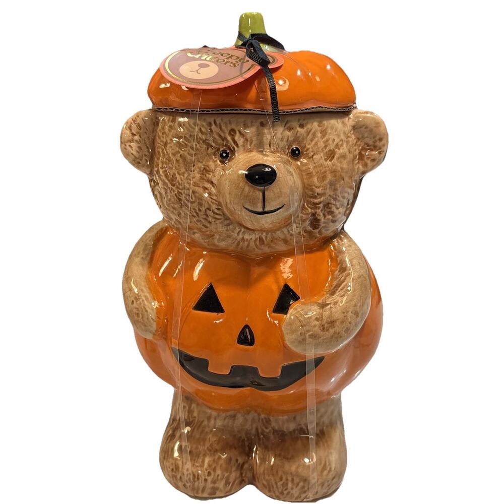 New VIRAL HALLOWEEN CREEPY CRITTERS Pumpkin Bear Cookie Jar 10"X 6"